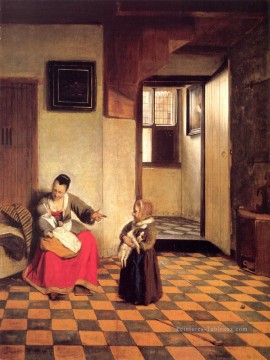 Une femme avec un bébé sur ses genoux et un petit enfant genre Pieter de Hooch Peinture à l'huile